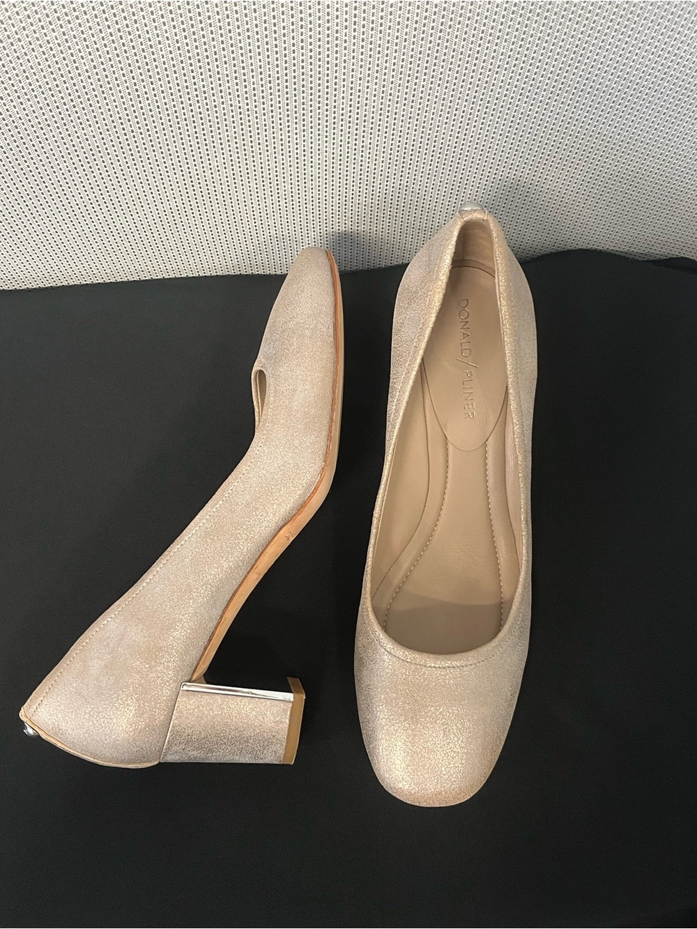 Donald Pliner block heel leather pumps. Brushed champagne. Metal heel plate. 8